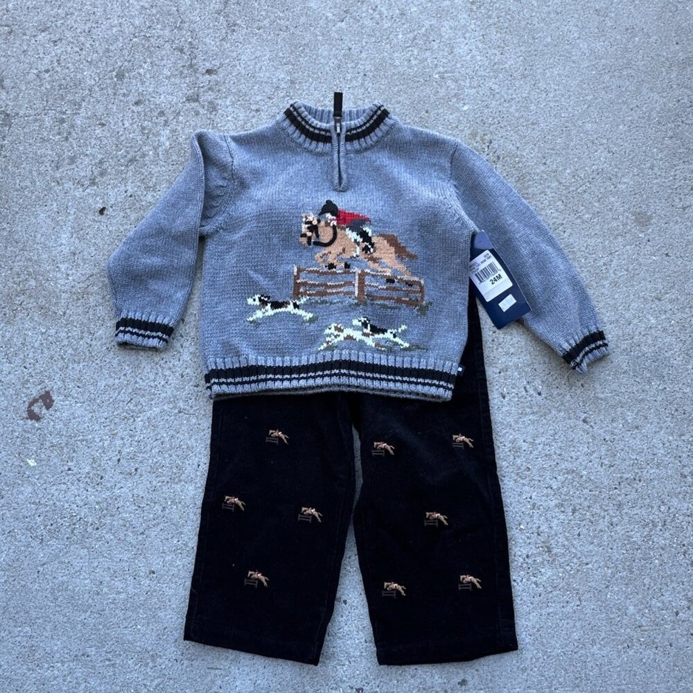 Vintage 1980s Kitestring Horse Race Outfit Sweater Woven Pants Toddler Size 24M